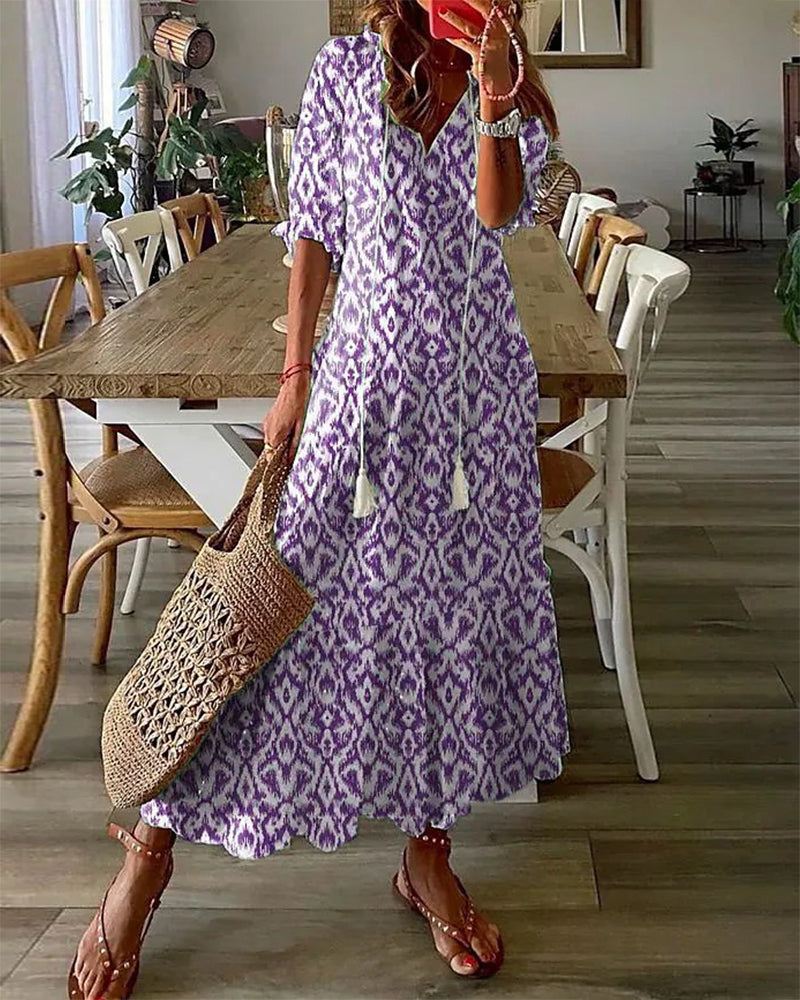BARILA - Abito Maxi di Impresión Geometrica con scollo a V