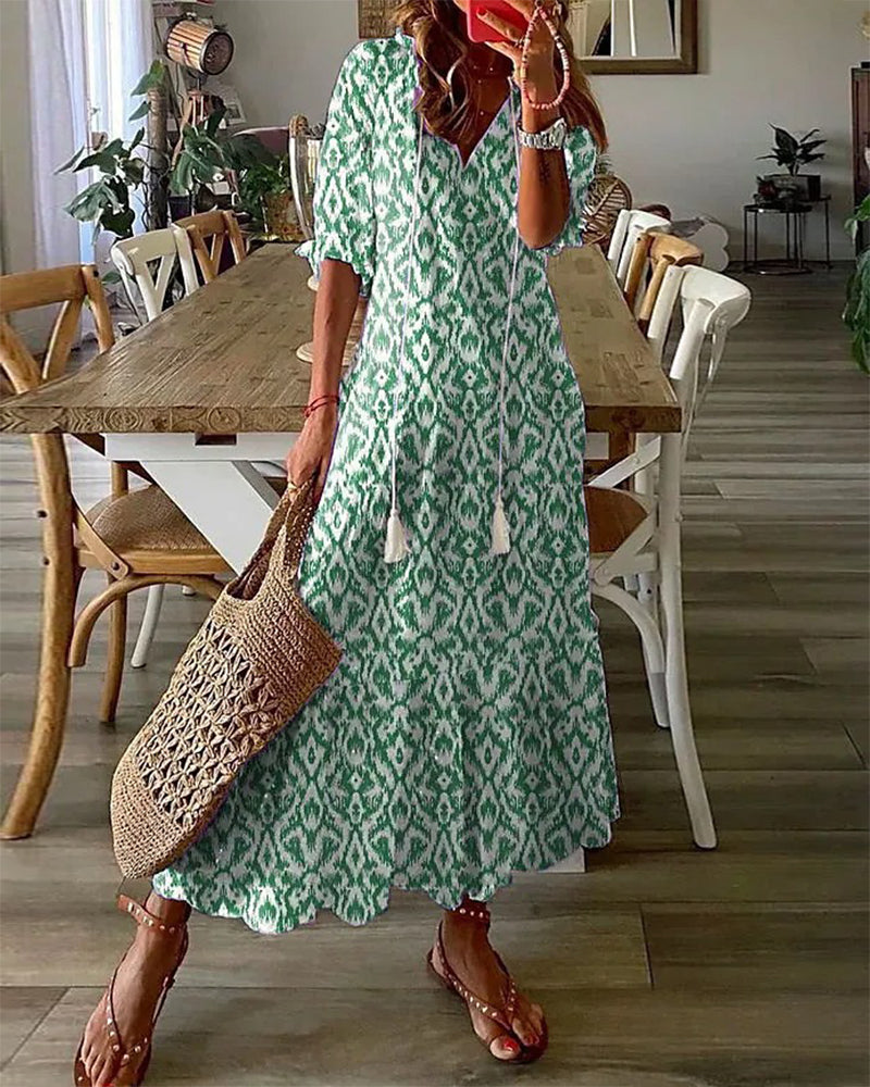 BARILA - Abito Maxi di Impresión Geometrica con scollo a V