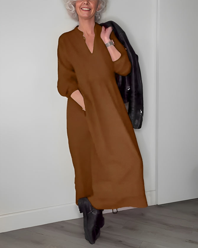 AMANDA – ABITO MAXI A MANICHE LUNGHE E SCOLLO A V ELEGANTE