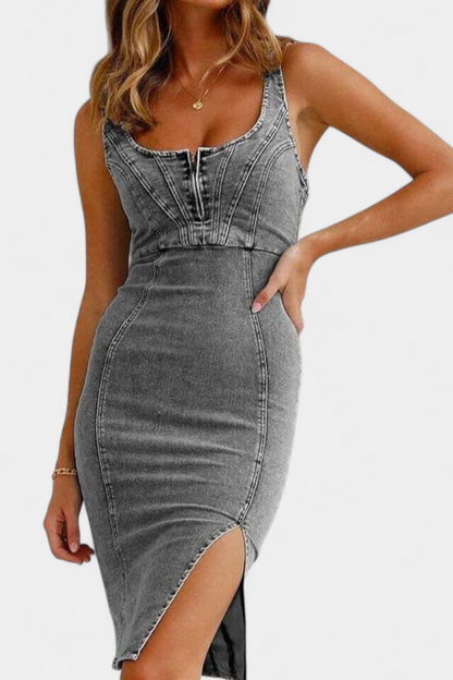 Janessa Abito Denim con Spalline Regolabili e Spacco Frontal