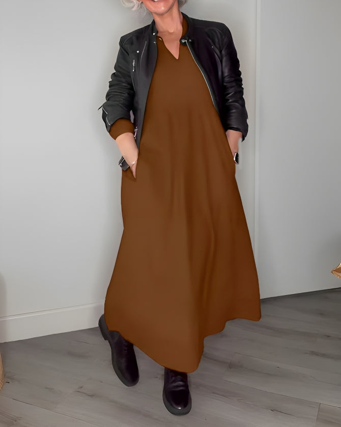 AMANDA – ABITO MAXI A MANICHE LUNGHE E SCOLLO A V ELEGANTE