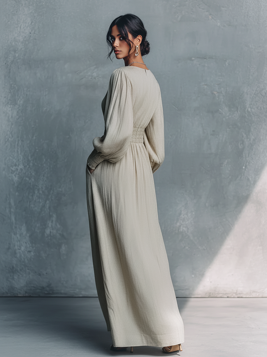 Abito maxi donna Beige in cotone e Lino a righe con scollo a V e Vita Arricciata
