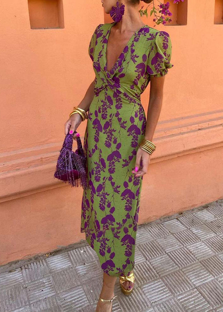 Aria™ - Elegante Abito maxi con Scollo a V e Motivo di Foglie