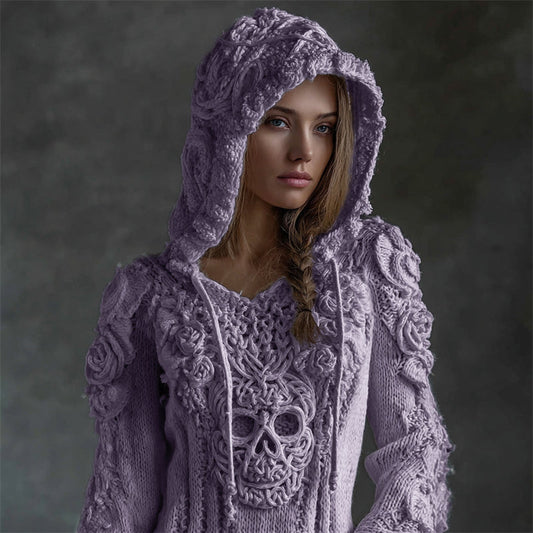 Maglione in maglia caldo e morbido con cappuccio di teschio celtico vichinga e rose blancas vintage
