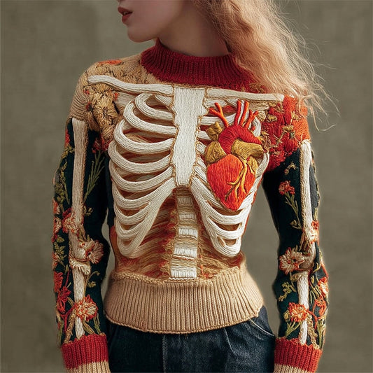 Maglione girocollo in maglia da da donna con Arte di Scheletro Umano e Floreale in 3D