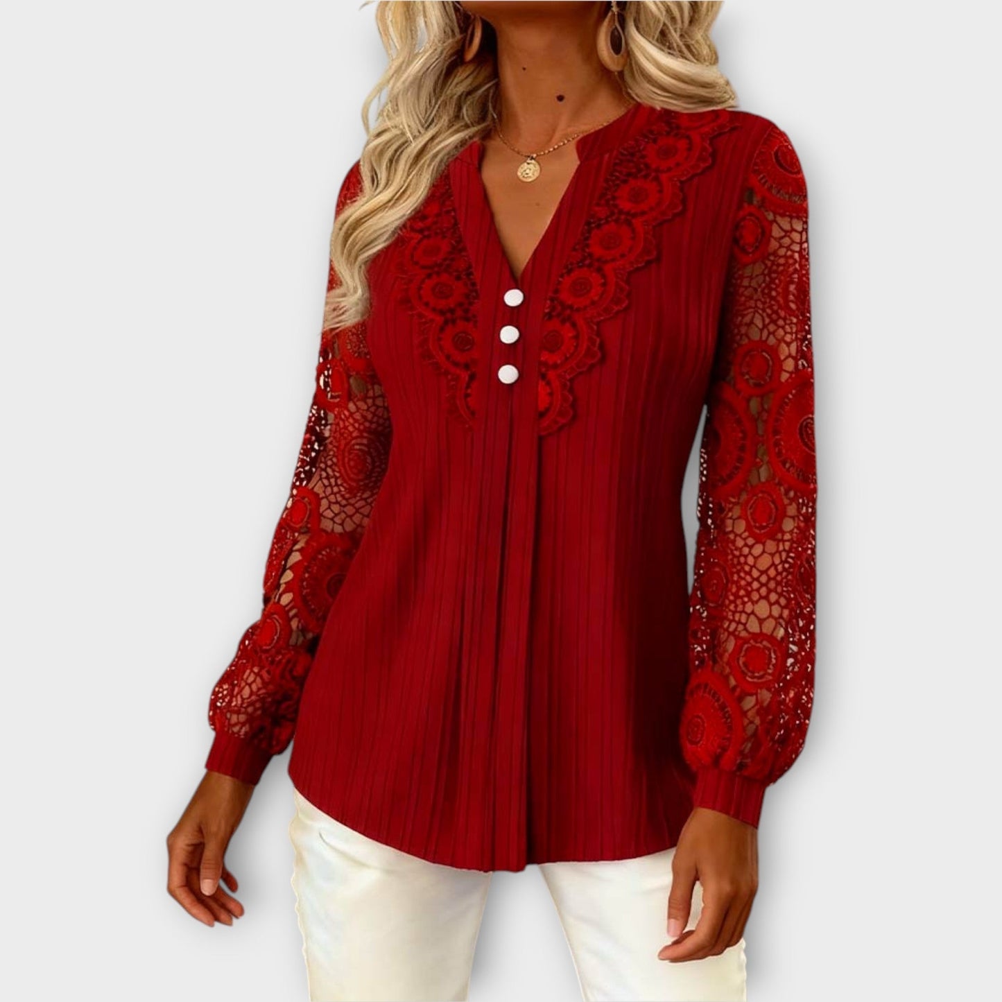 Blusa plissettata con Maniche di Pizzo Elegante