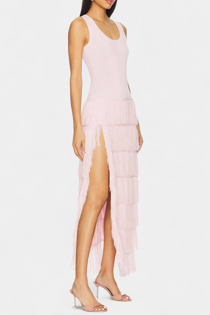 Kalani Abito maxi con Frange in Capas e Spacco laterale
