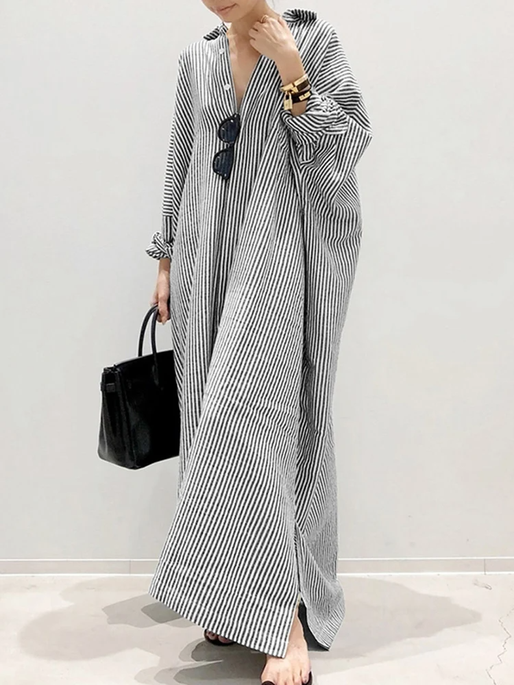Alyssa™ - Abito Maxi Stampato a righe con Maniche Abullonadas