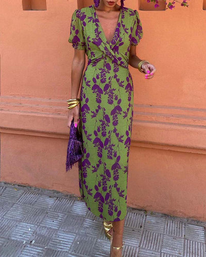 Aria™ - Elegante Abito maxi con Scollo a V e Motivo di Foglie