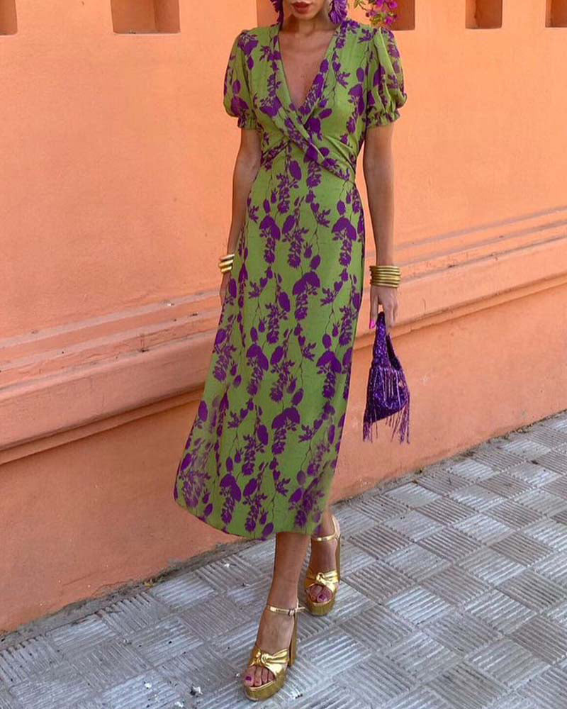 Aria™ - Elegante Abito maxi con Scollo a V e Motivo di Foglie