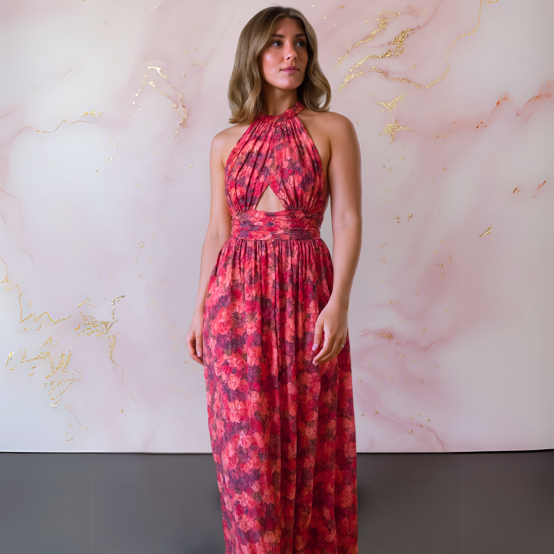 Vania – Elegante abito maxi floreale con espalda descubierta
