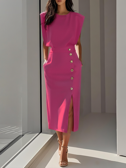 Malene™ | Abito midi Tinta unita con Spacco di Bottone e Scollo rotondo