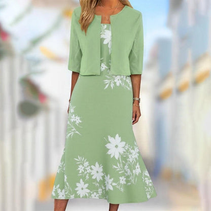 Abito midi Unico con Stampa di Plantas in Blu e Giacca