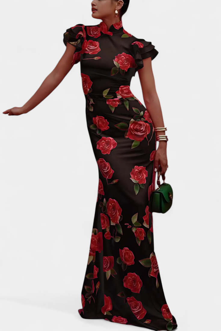 Mayra Abito Qipao con Stampa di Rosas Elegante