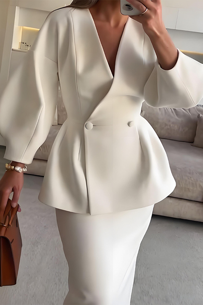 CALINA – SET DUE PEZZI ELEGANTE CON collo a V E MANICHE LUNGHE