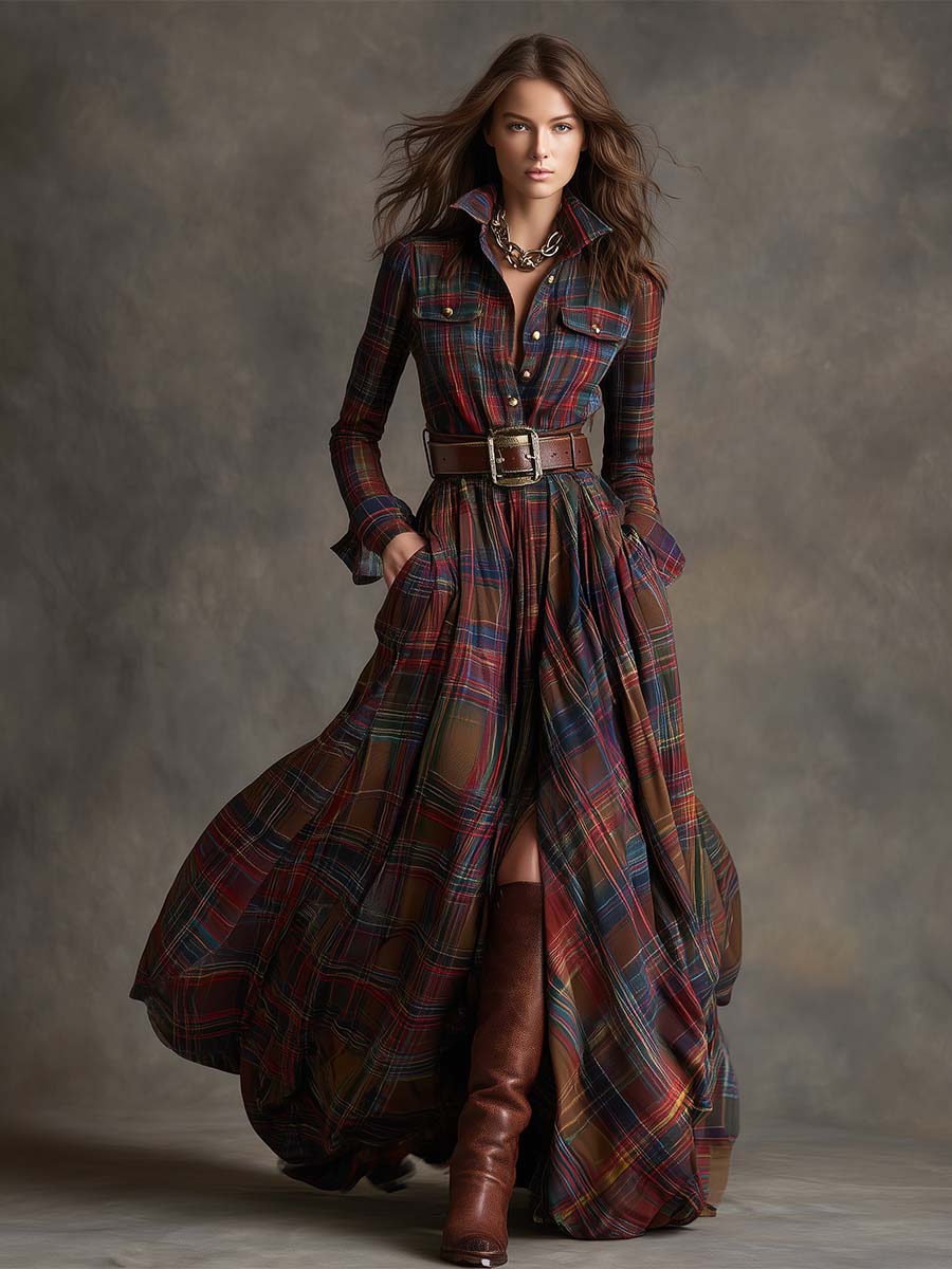 Giulia - Abito lungo a quadri in marrone rossiccio con collo e stile etnico retrò