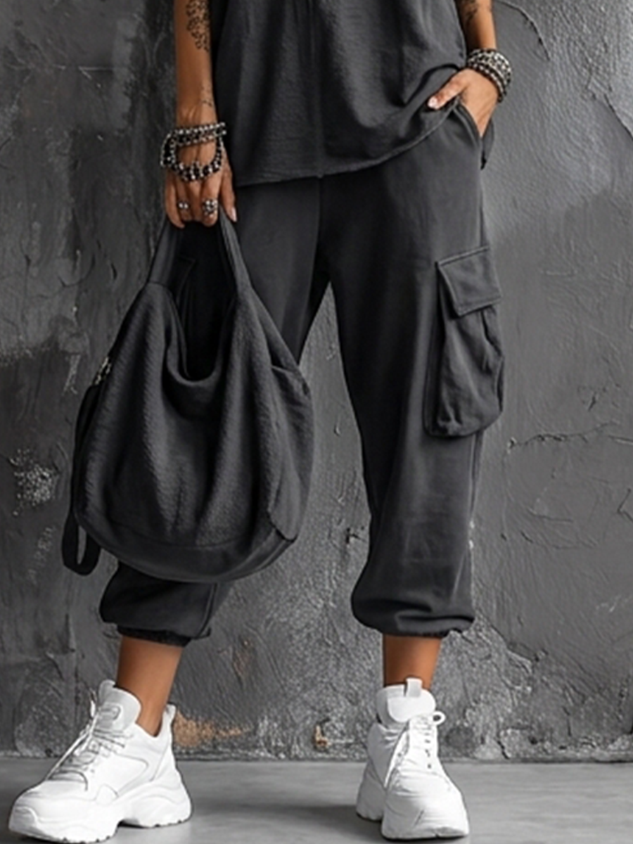 Completo Top senza maniche in Cotone Grigio scuro + Pantaloni cargo Jogger Stile Casual donna
