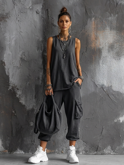 Completo Top senza maniche in Cotone Grigio scuro + Pantaloni cargo Jogger Stile Casual donna