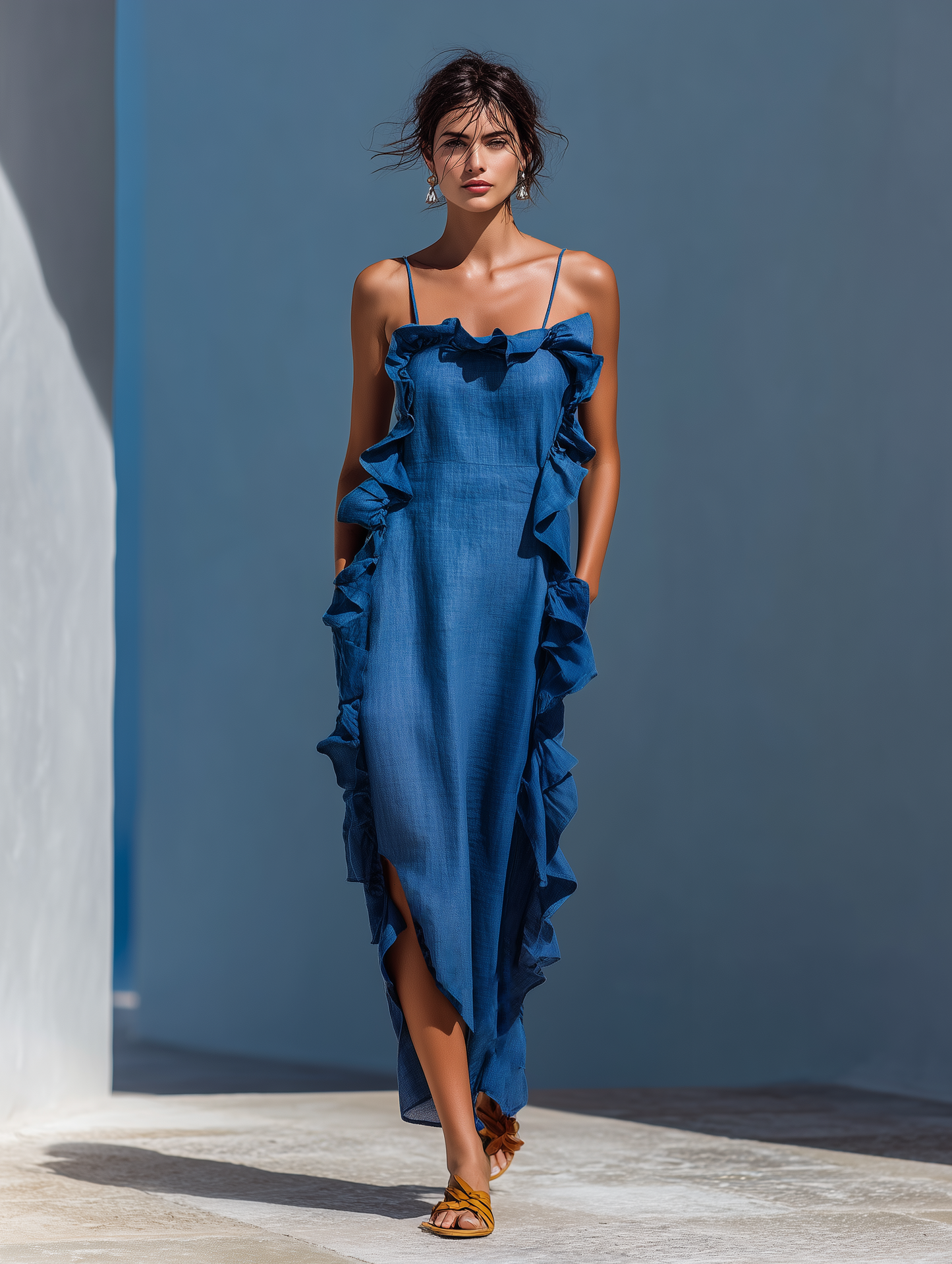 Abito maxi donna in lino Blu con Spalline Finos e Volant