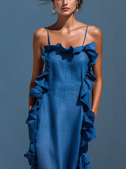 Abito maxi donna in lino Blu con Spalline Finos e Volant