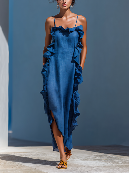 Abito maxi donna in lino Blu con Spalline Finos e Volant