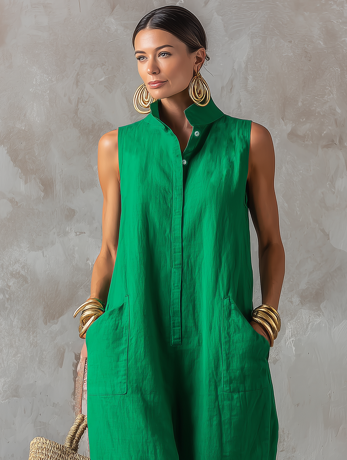 Jumpsuit Minimalista Femminile in lino — Collo alto, Senza maniche, Bottoni Individuales