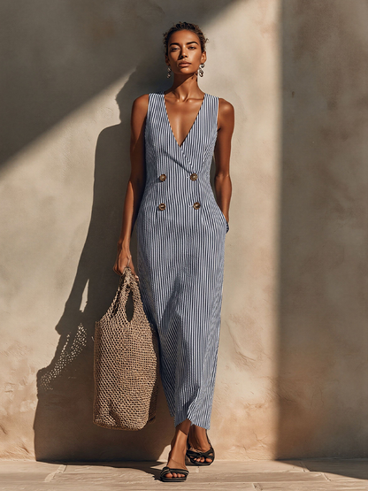 Abito maxi in cotone Blu-Bianco a righe per donna con stile Blazer e Doppio Botonadura, Abito Náutico Casual Senza tempo