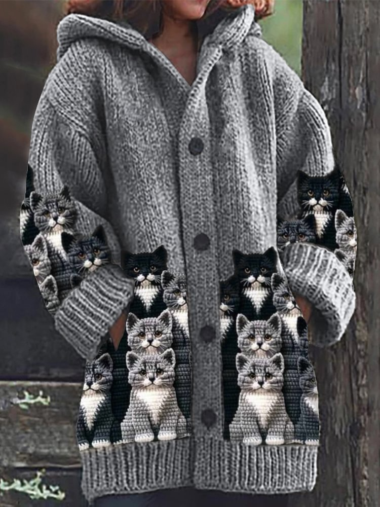 Jasmin - Cardigan in maglia caldo e morbido con motivo di gato