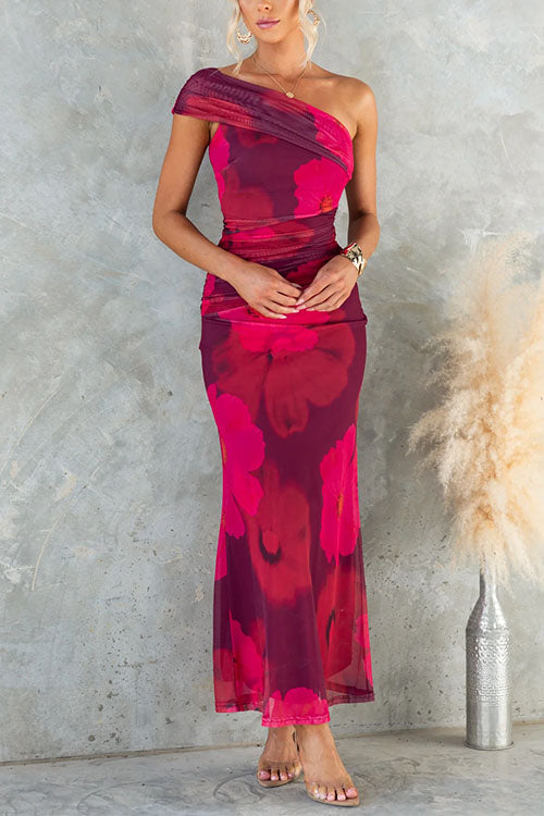 Abito Maxi Bodycon di Rete con Stampato Floreale di Un Hombro