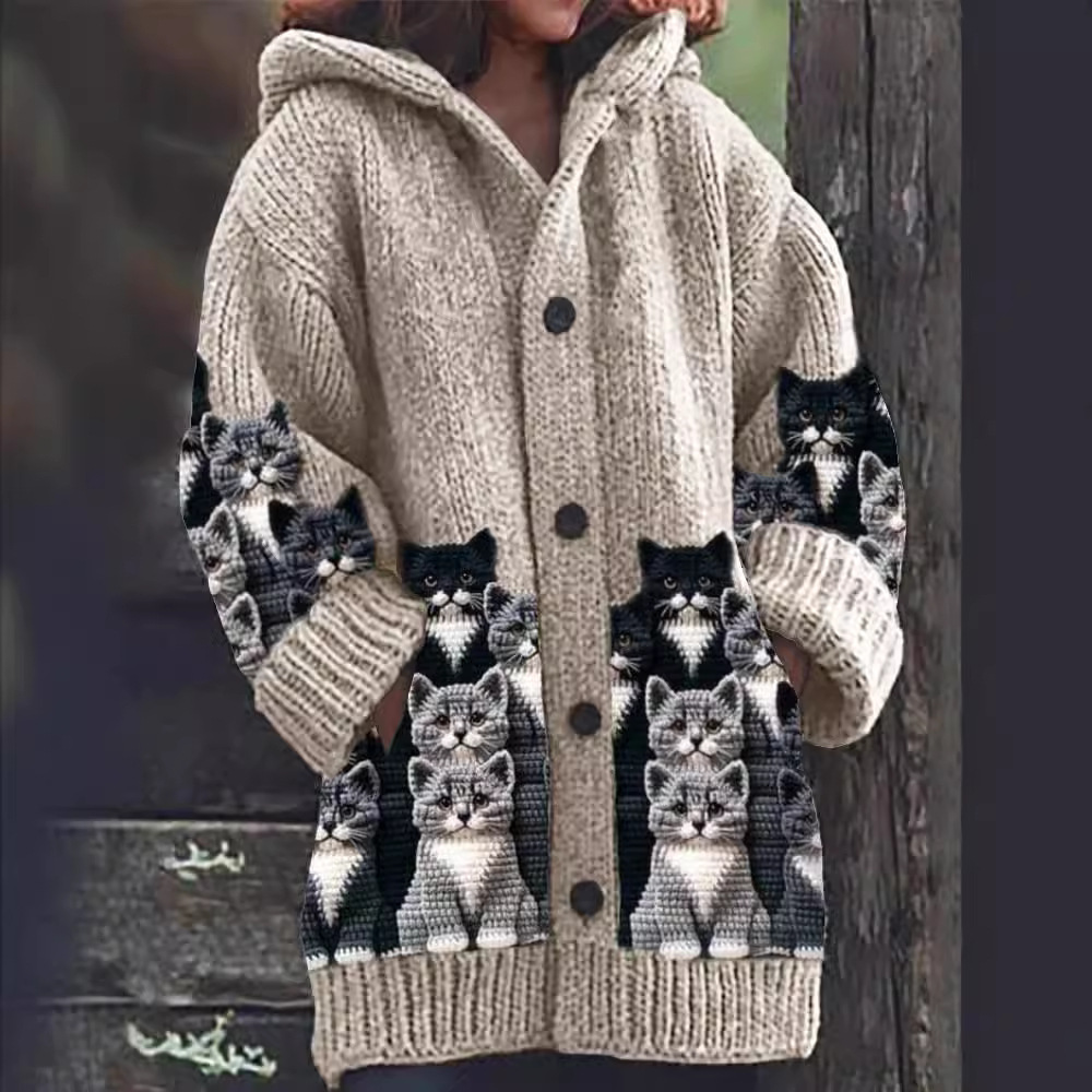 Jasmin - Cardigan in maglia Caldo e morbido con stampa di Gatos