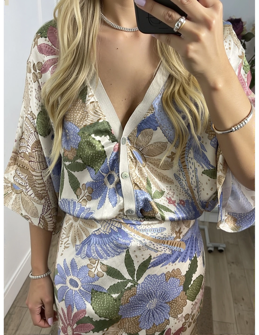 Camicia Exquisita di Satin con Stampa Floreale senza Spalle