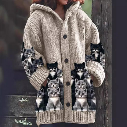 Jasmin - Cardigan in maglia caldo e morbido con motivo di gato