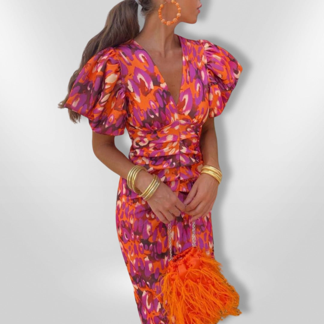 Robe Midi Elegante con Maniche Voluminosas