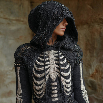 Maglione in maglia caldo e morbido con cappuccio di scheletro gotico vintage