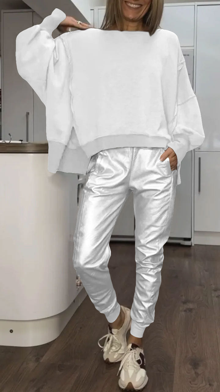 Set Casual di Collo rotondo per Donne + Pantaloni di Cuero Sintético