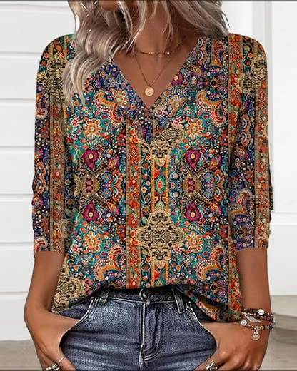 Blusa Retrò Stampata V-Collo