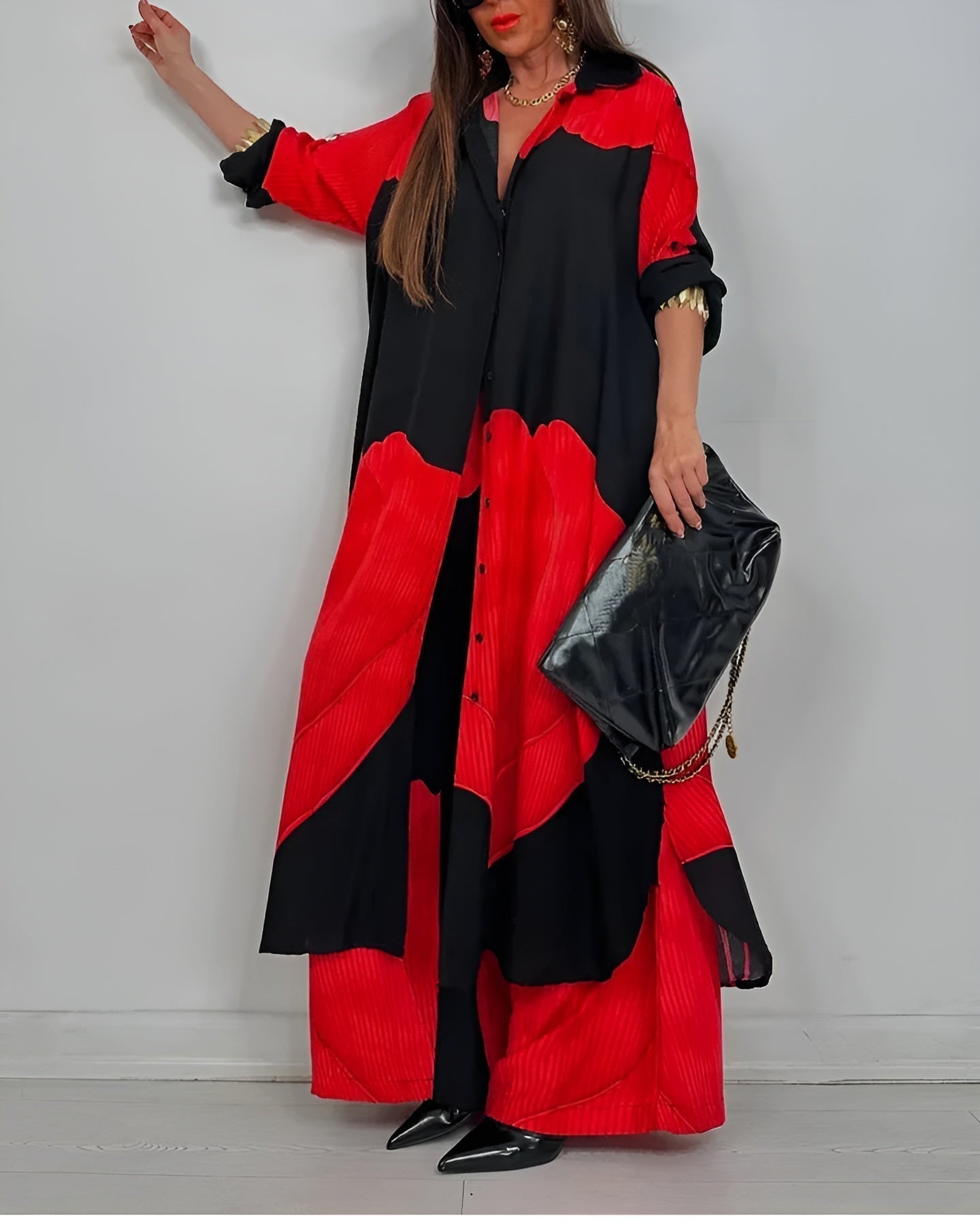 ISABEAU – SET DI TOP IMPRESO DI PATCHWORK TENDENCIA E PANTALONI AMPI