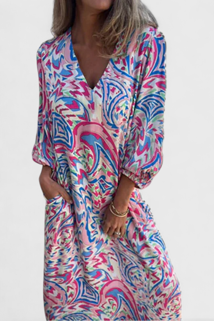 Carmina Abito maxi Boho con scollo a V e Stampa Abstracto