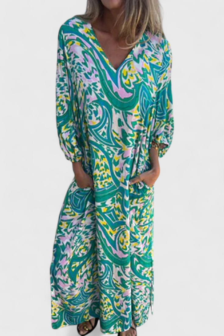 Carmina Abito maxi Boho con scollo a V e Stampa Abstracto