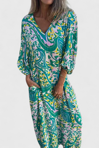 Carmina Abito maxi Boho con scollo a V e Stampa Abstracto