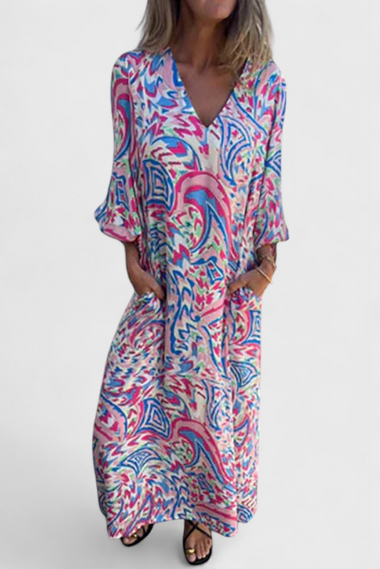 Carmina Abito maxi Boho con scollo a V e Stampa Abstracto