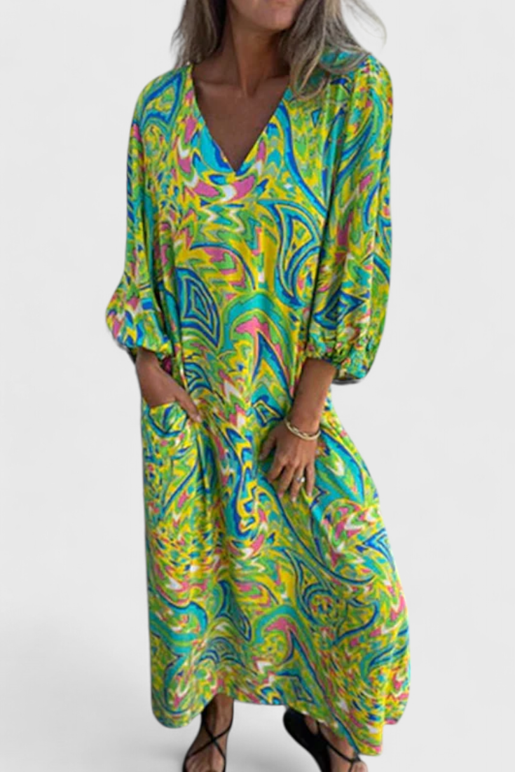 Carmina Abito maxi Boho con scollo a V e Stampa Abstracto