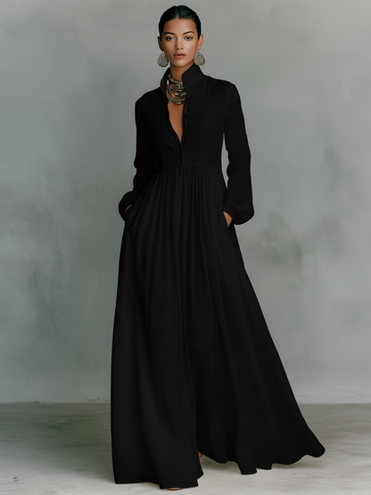 Abito maxi Minimalista in cotone e Lino con Pannelli di Patchwork, Collo alto e Maniche lunghe
