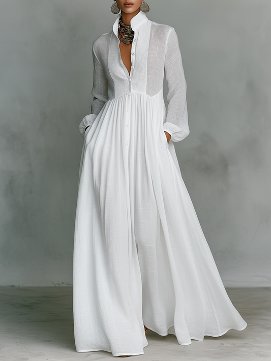 Abito maxi Minimalista in cotone e Lino con Pannelli di Patchwork, Collo alto e Maniche lunghe