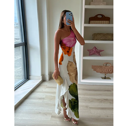 Ismena - Elegante abito maxi floreale con scollo asimmetrico
