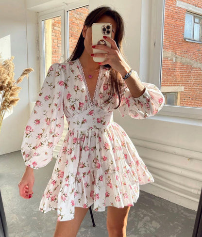Abito mini Floreale per Donne con Maniche lunghe Abullonadas e Scollo a V