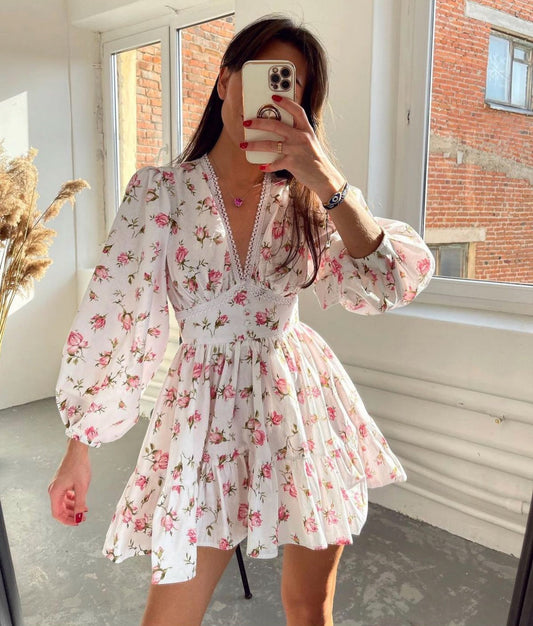 Mini Abito Floreale da donna con Maniche lunghe Abullonadas e Scollo a V