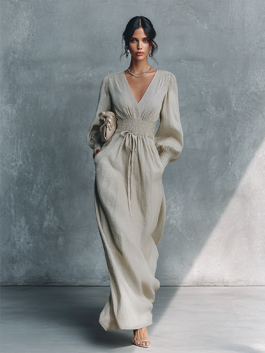 Abito maxi donna Beige in cotone e Lino a righe con scollo a V e Vita Arricciata
