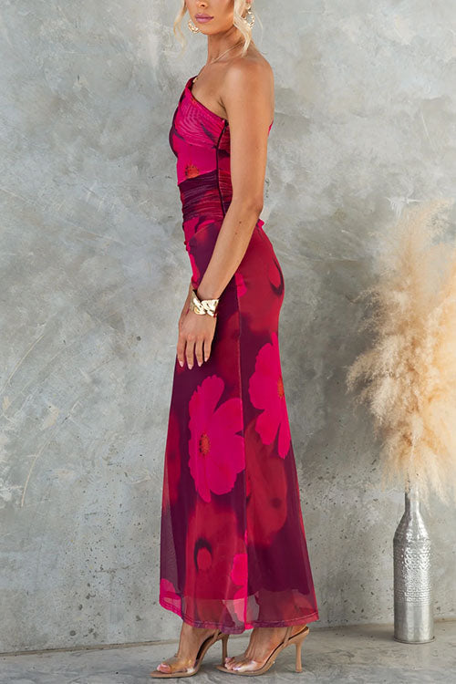 Abito maxi Bodycon di Rete con Stampa floreale monospalla