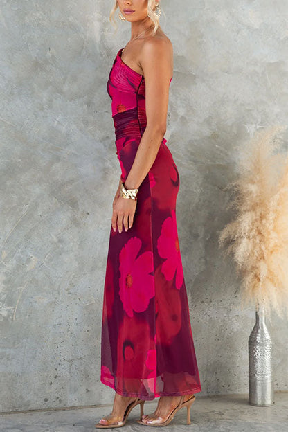 Abito maxi Bodycon di Rete con Stampa floreale monospalla